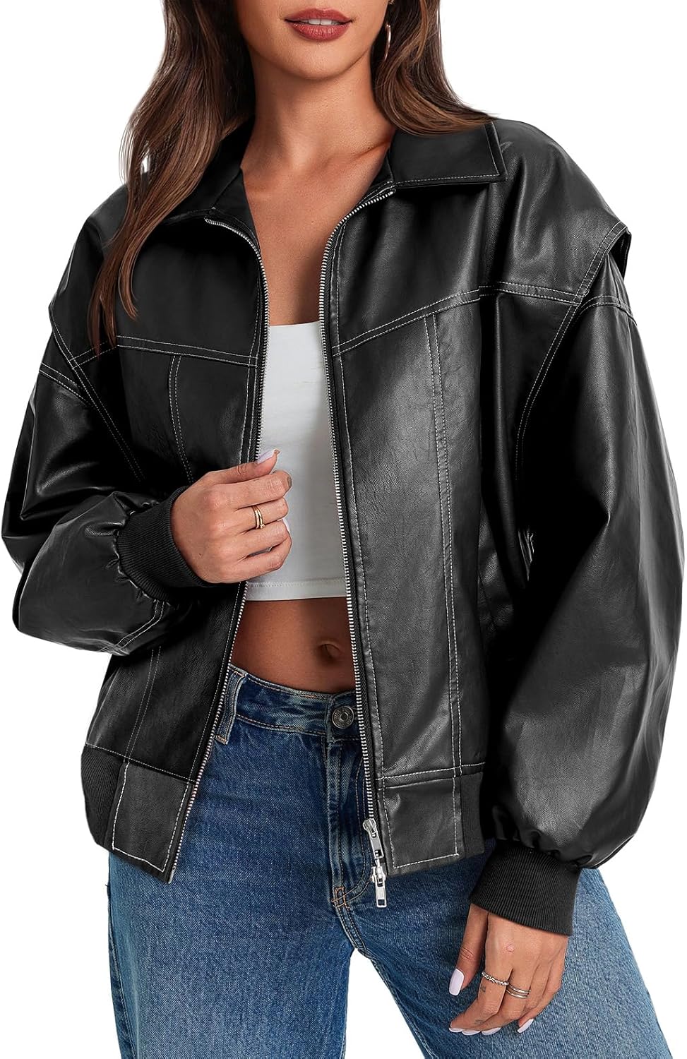 Tankaneo Womens Oversized Leather Bomber Jacket for Stylish Looks
