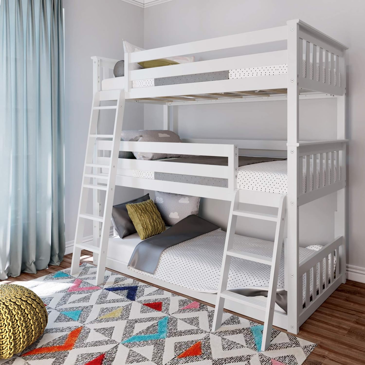 Max & Lily Triple Twin Bunk Bed - Solid Wood Frame for Kids