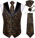 Mens Gold Paisley Waistcoat and Necktie Set for Men - 7PCS Formal Vest