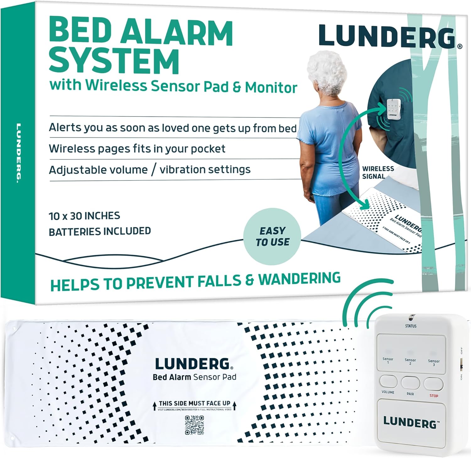 Lunderg Bed Alarm for Elderly Adults - Wireless Sensor Pad System