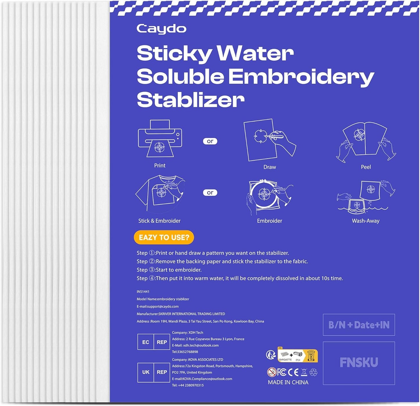 Caydo 15Pcs Water Soluble Embroidery Stablizer - Wash Away for Flawless Embroidery