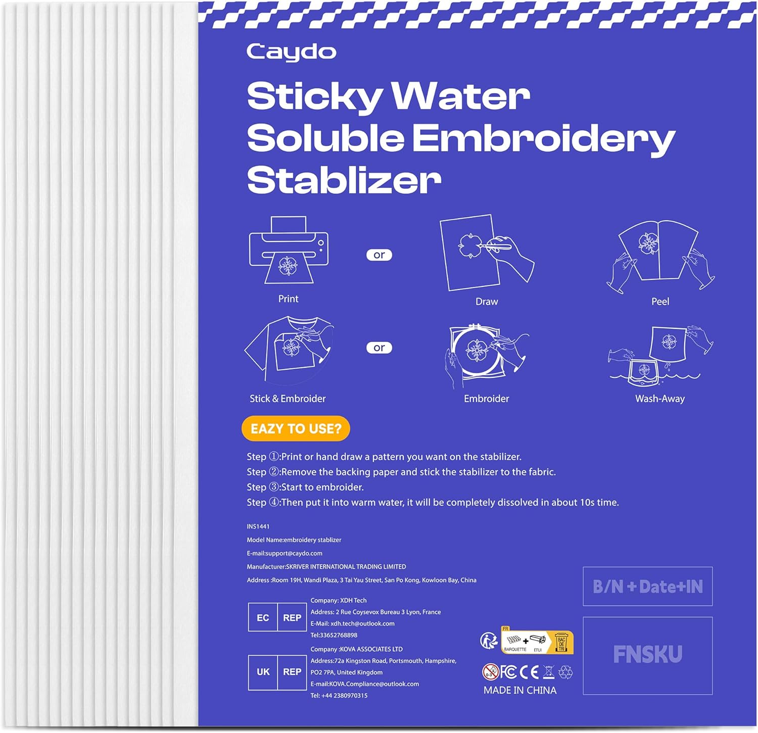 Caydo 15Pcs Water Soluble Embroidery Stablizer - Wash Away for Flawless Embroidery