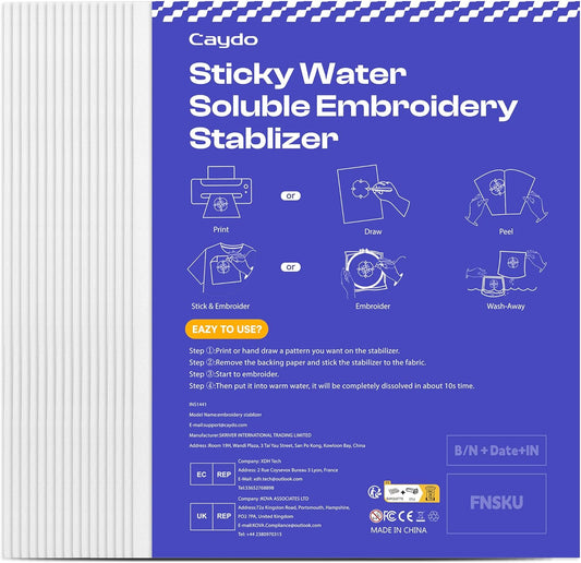 Caydo 15Pcs Water Soluble Embroidery Stablizer - Wash Away for Flawless Embroidery