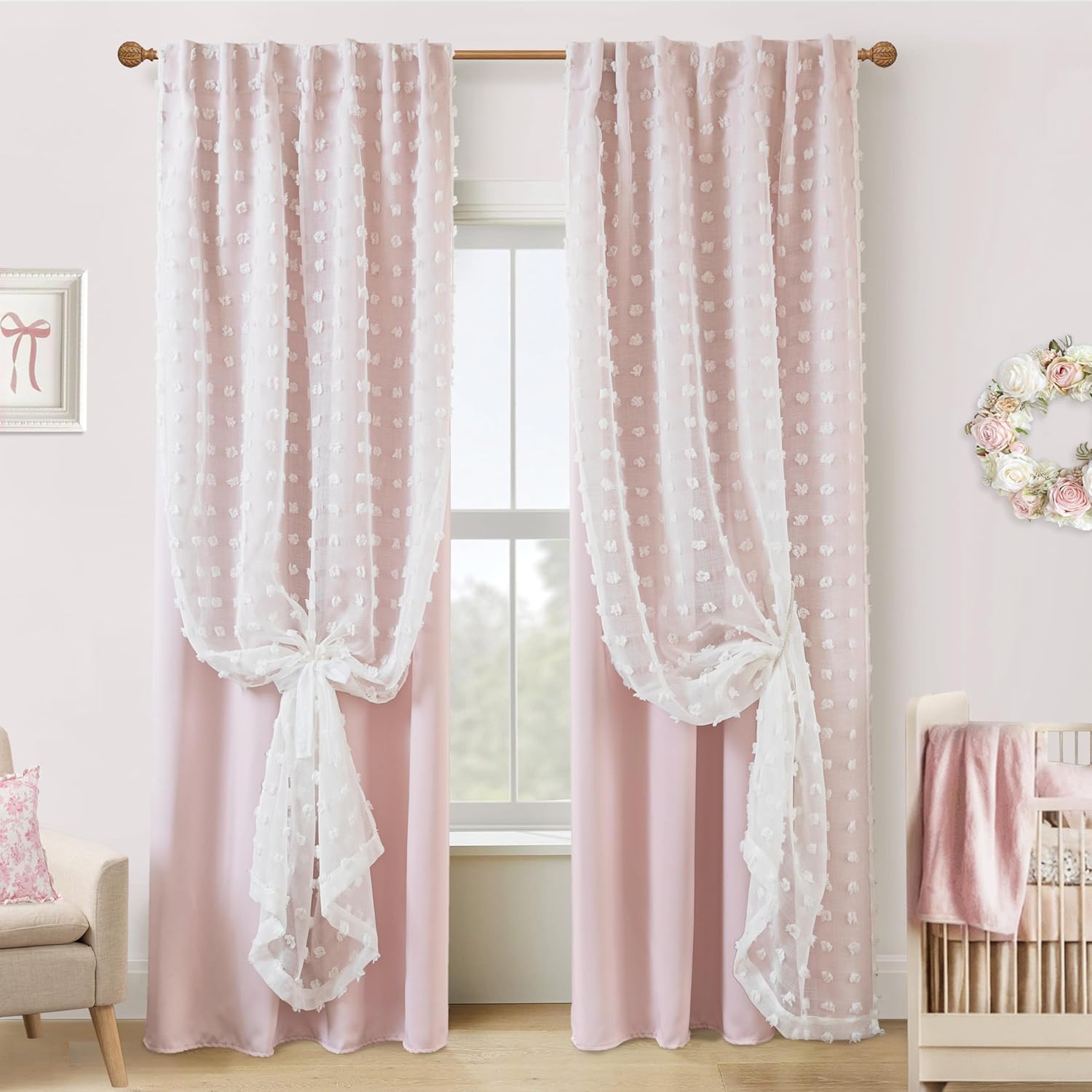 Pink Blackout Curtains for Bedroom Nursery with Pom Pom Design
