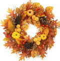 26 Inch Thanksgiving Fall Wreath with Maple Leaves and Pumpkins - Warm