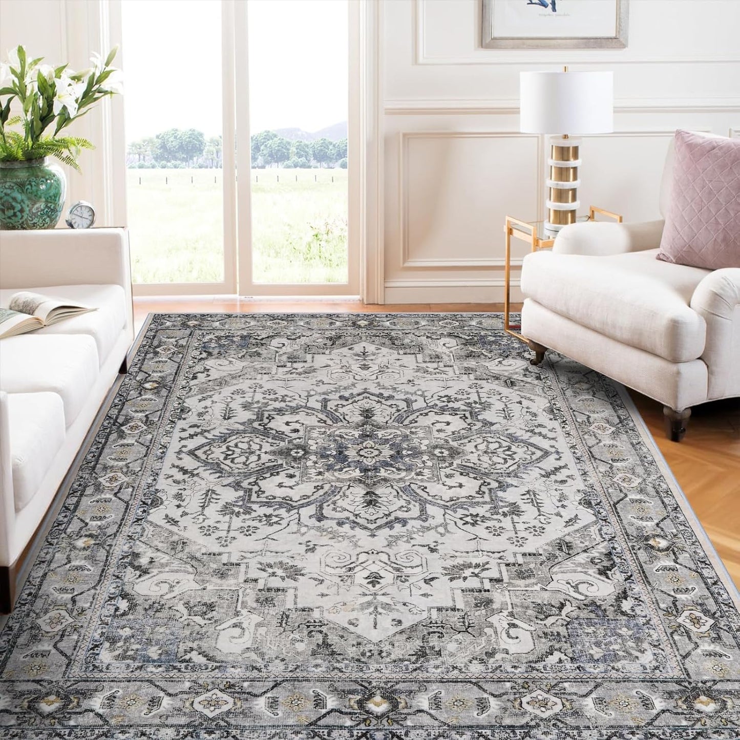 Stain-Resistant Vintage Area Rug 5x8 - Grey/Blue Distressed Farmhouse Chic