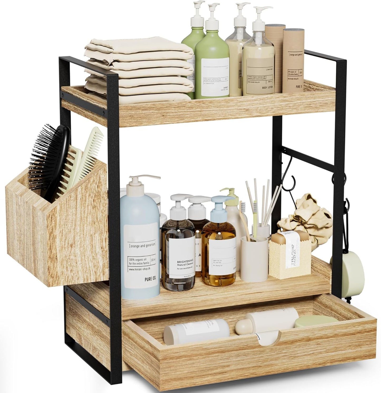 2-Tier Bathroom Counter Organizer with Drawer and Basket Storage