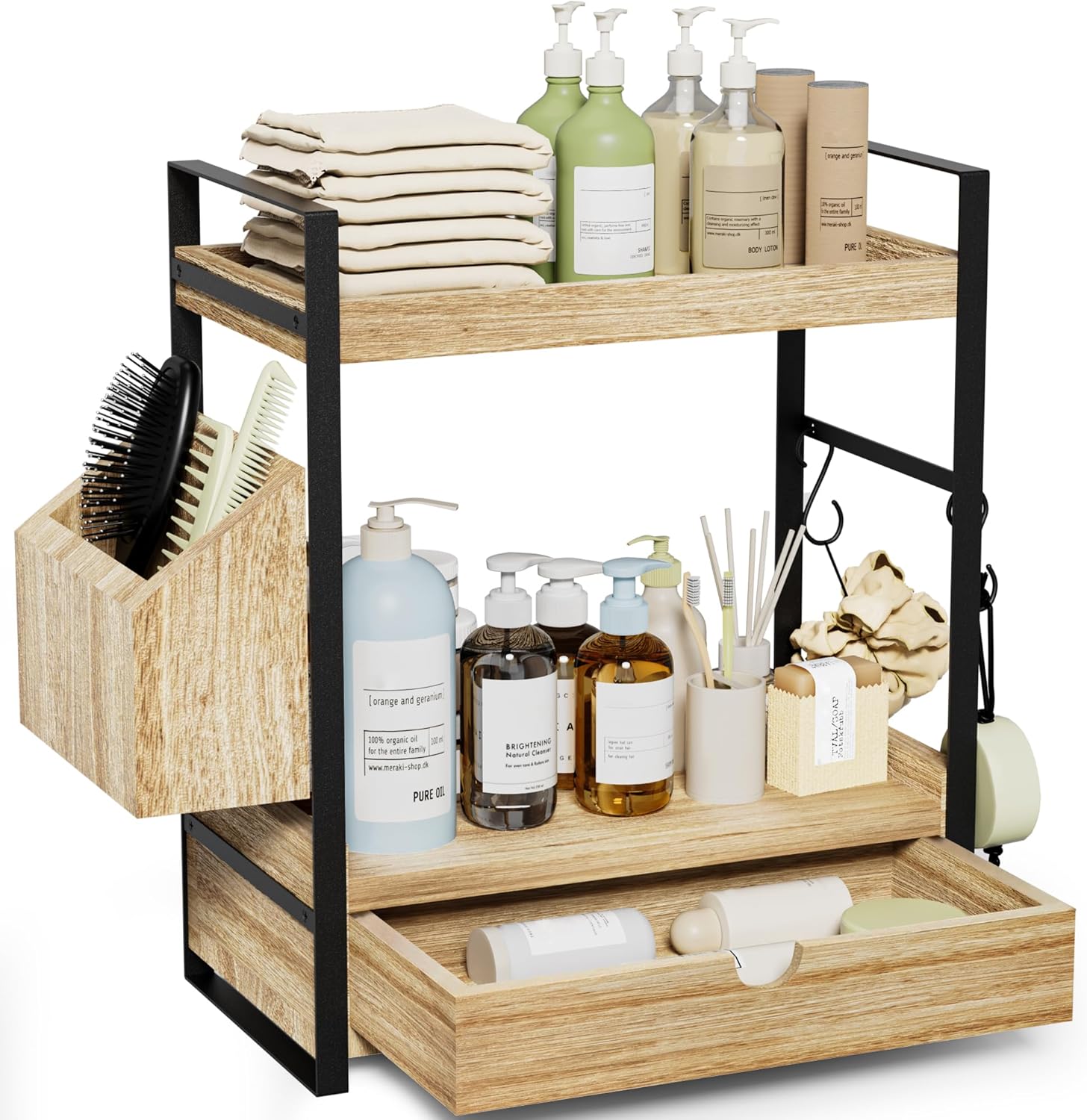 2-Tier Bathroom Counter Organizer with Drawer and Basket Storage