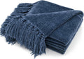 Blue Chenille Throw Blanket 60 x 80 in - Soft Cozy Fringe Throw