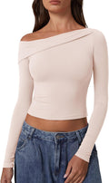 Women Off Shoulder Long Sleeve Top - Double Lined Fall Shirt