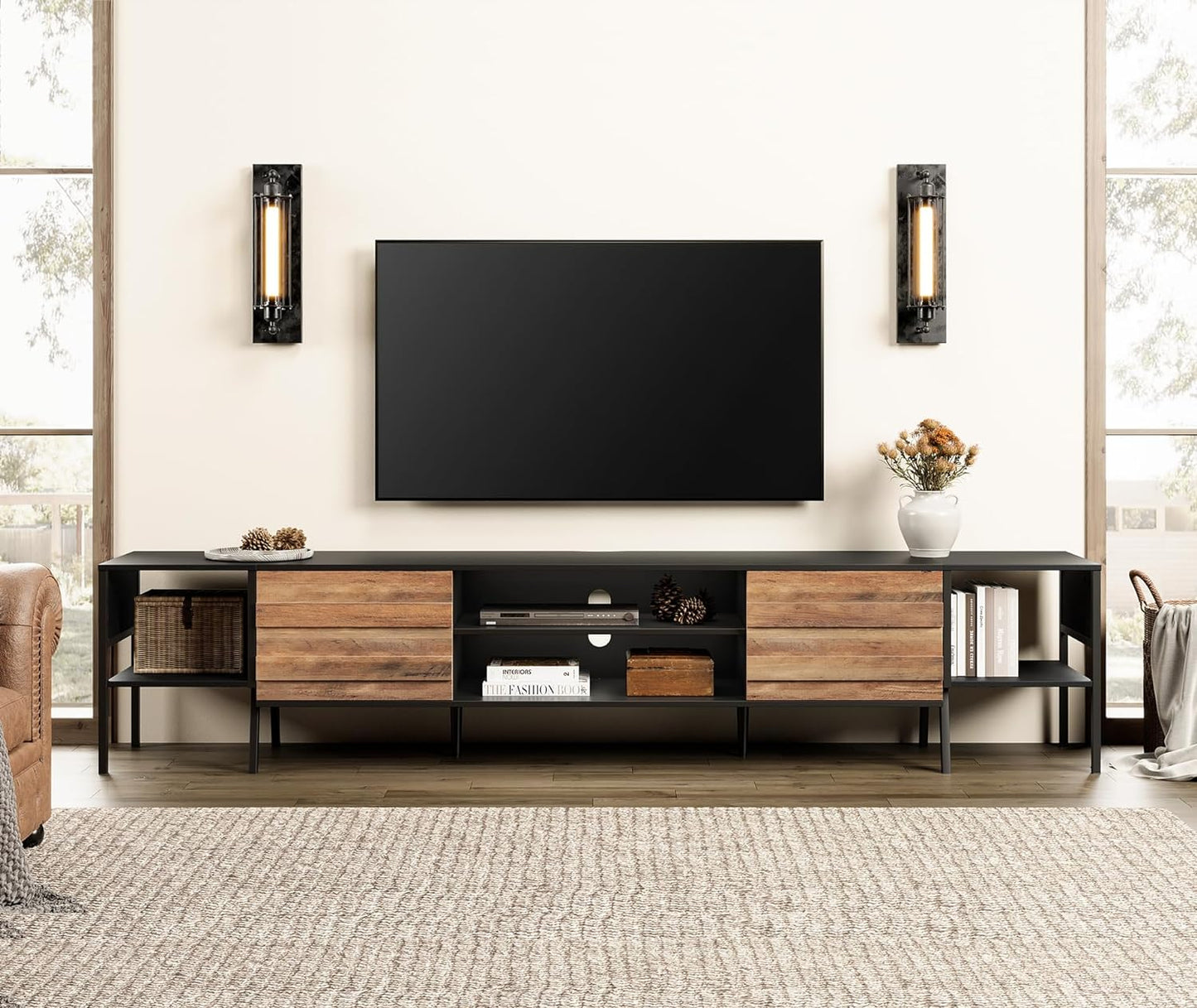 WAMPAT 100 Inch TV Stand w/ Storage - Black & Oak