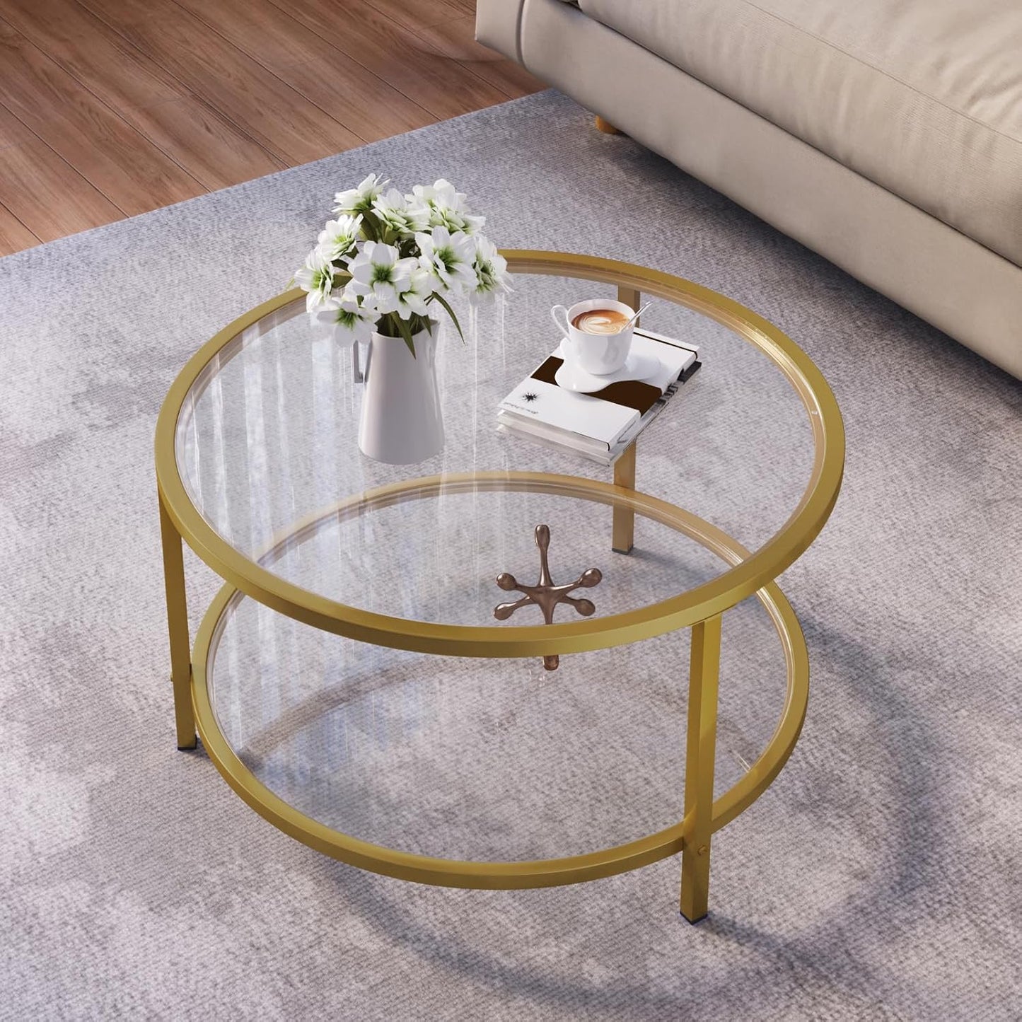 SAYGOER Round Glass Coffee Table | 2 Tier Storage | Modern Gold Frame