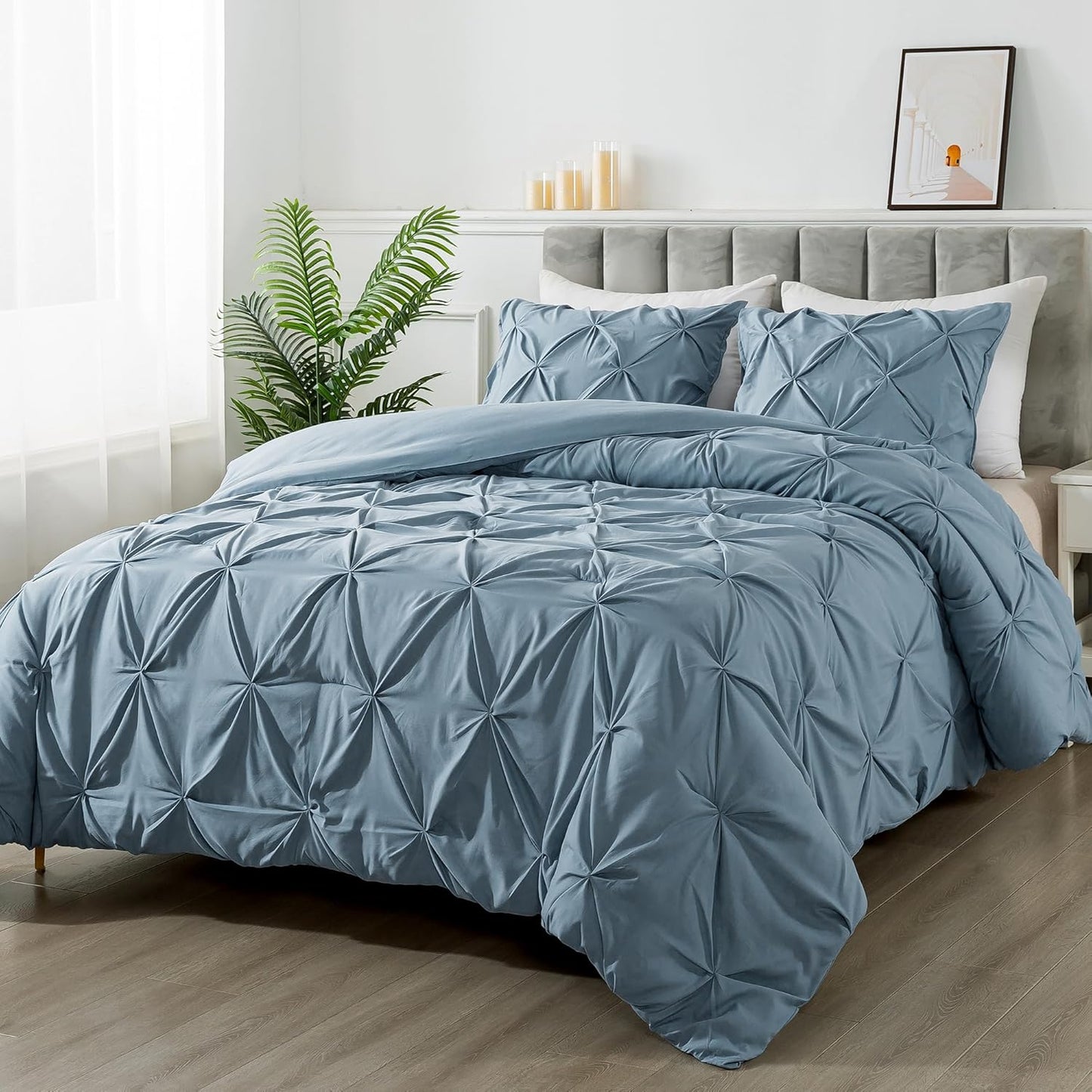 Grayish Blue Comforter Set King - Boho Pinch Pleat Bedding