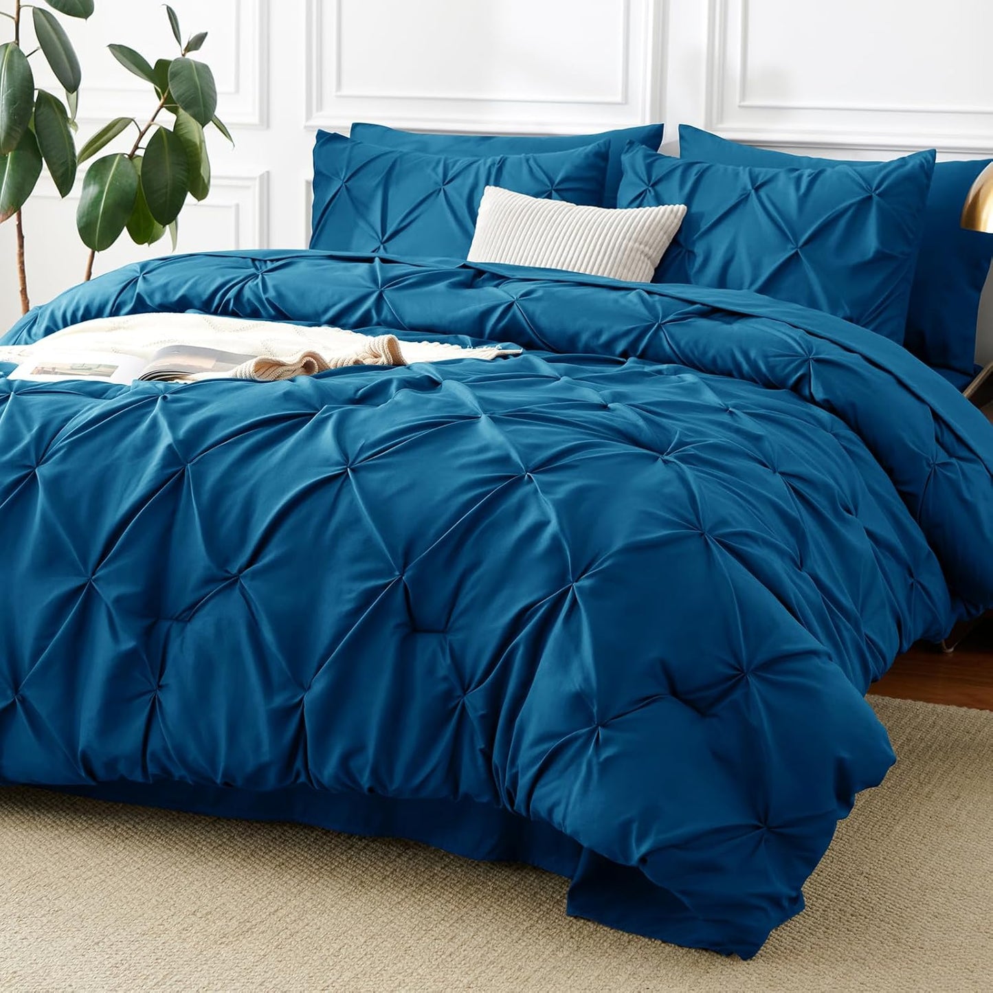 CozyLux Queen Comforter Set Teal, 7 Pieces Pintuck Bed in A Bag