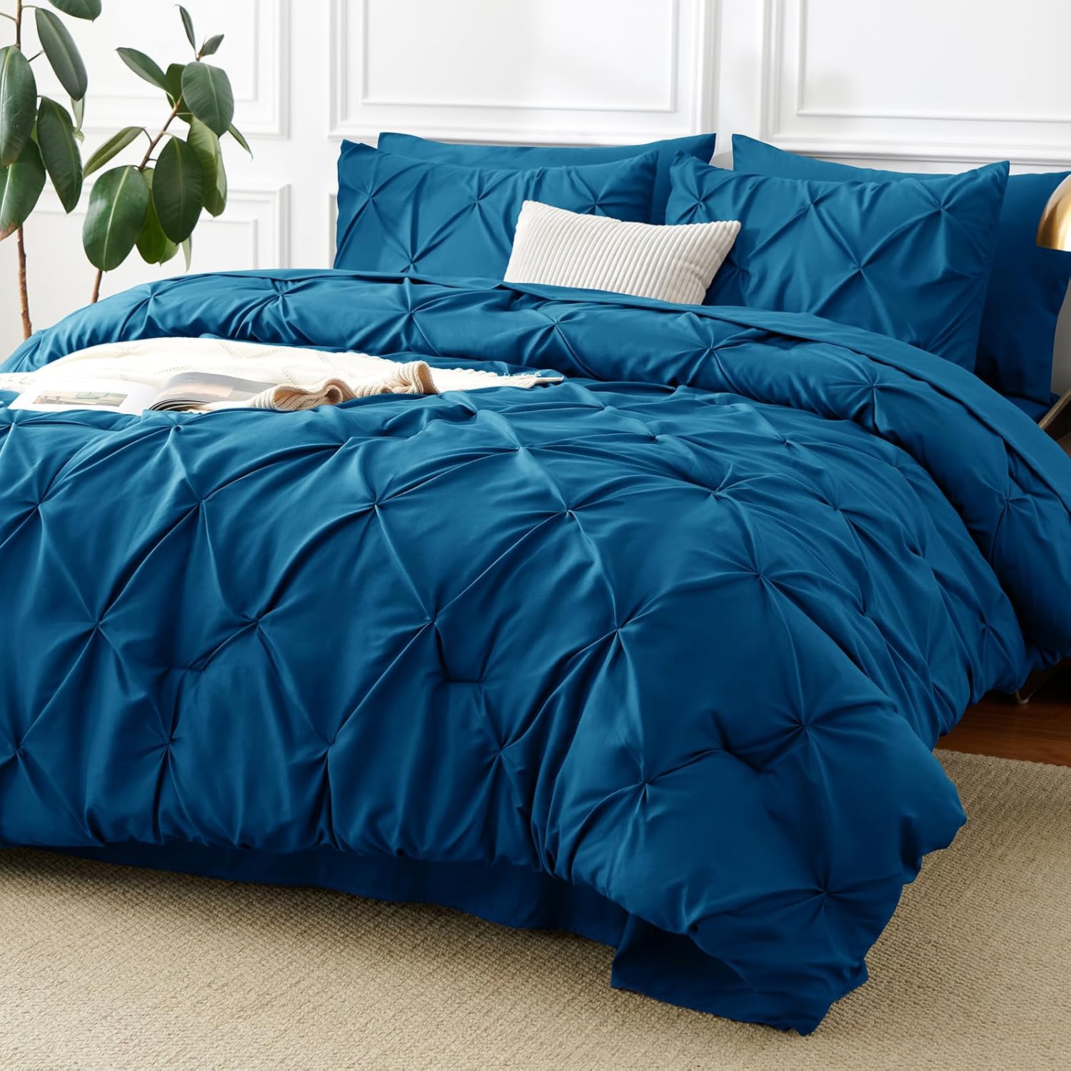 CozyLux Queen Comforter Set Teal, 7 Pieces Pintuck Bed in A Bag