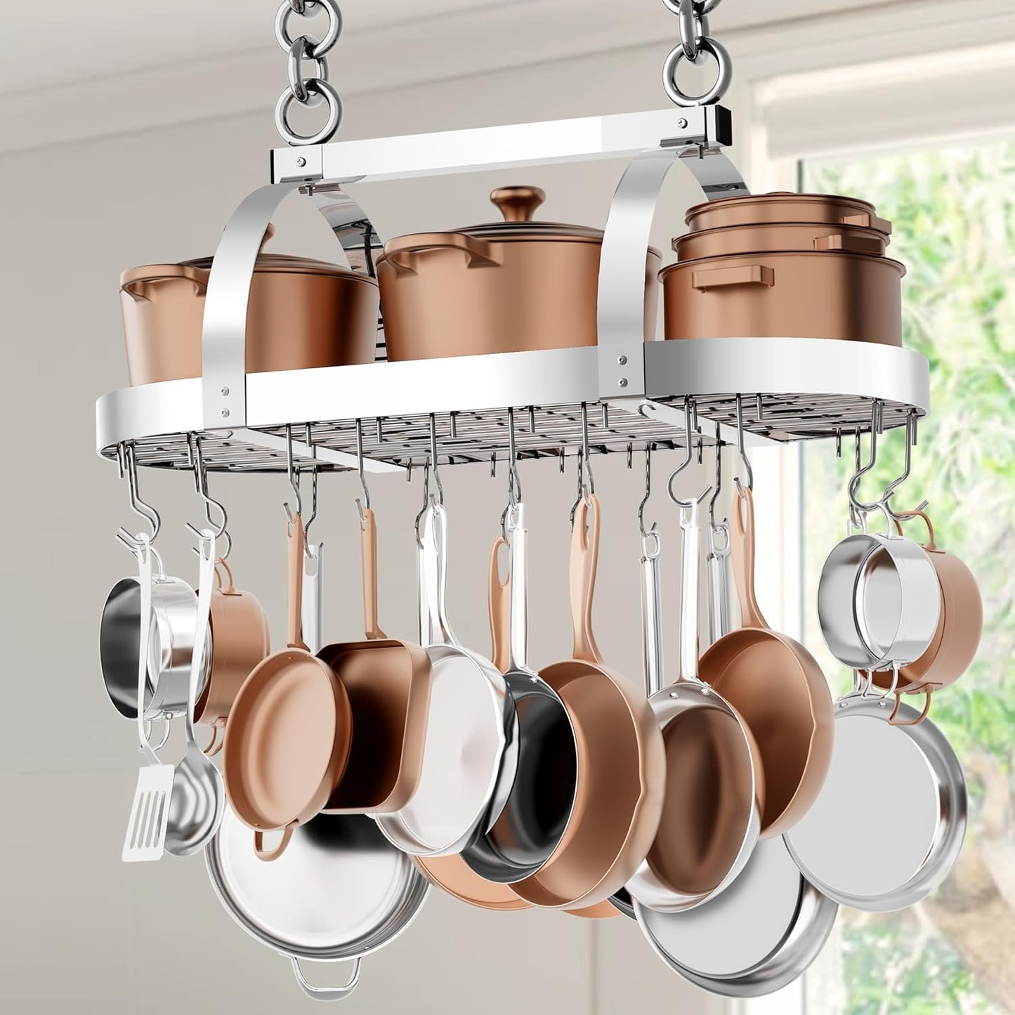 Heavy Duty Chrome Hanging Pot Rack for Kitchen Storage Organizer