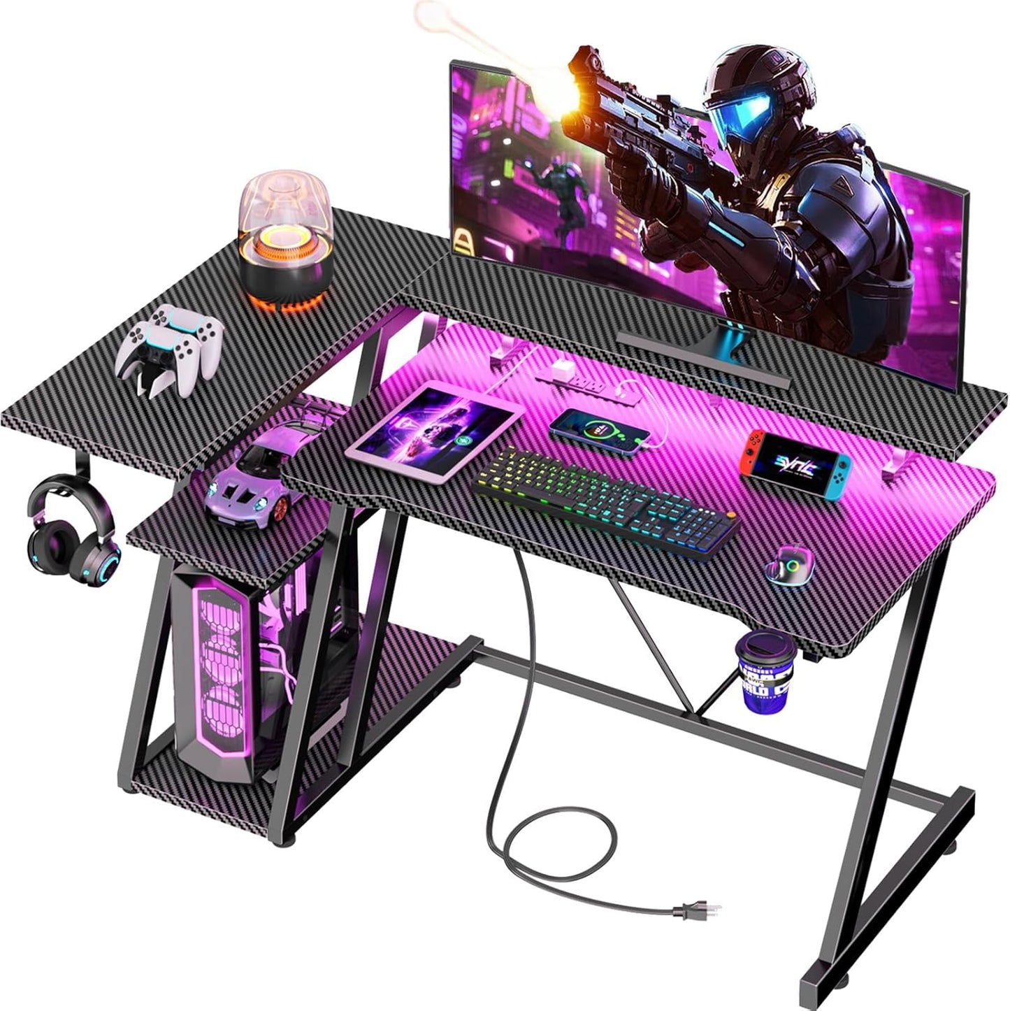 40 Inch Gaming Desk with Power Outlet & LED Lights for Gamers