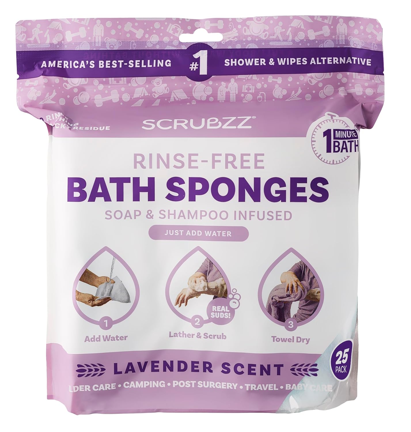 Scrubzz Disposable Bath Wipes - 25 Pack Lavender - No Rinse Shower Solution