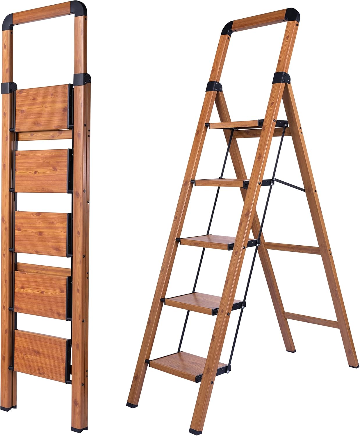 Folding 5-Step Woodgrain Finish Aluminum Step Ladder for Home