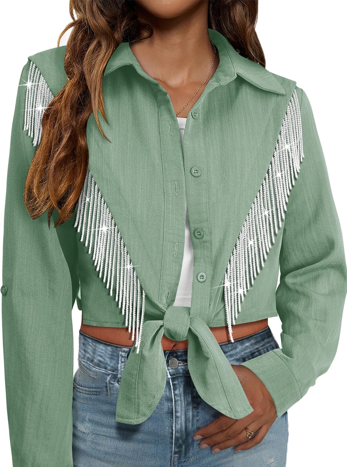 MYMORE Womens Sparkly Fringe Cropped Button Down Shirt for Cowgirls