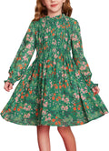 Girls' Fall Long Sleeve Floral Midi Dress - Elegant Everyday
