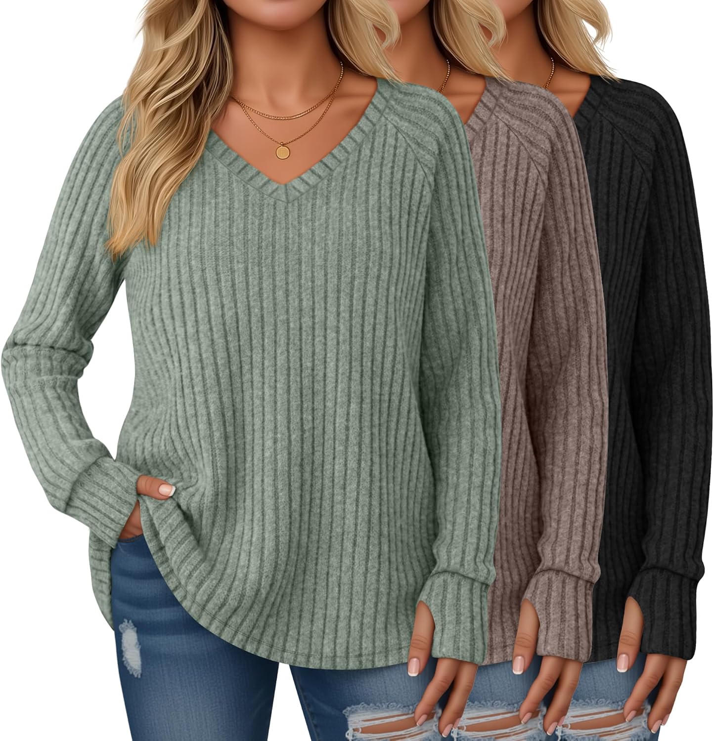 Plus Size Women's Long Sleeve Sweaters with Thumb Holes
