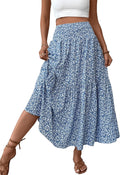 Women's Smocked High Waist Maxi Skirt with Pockets - Boho Floral