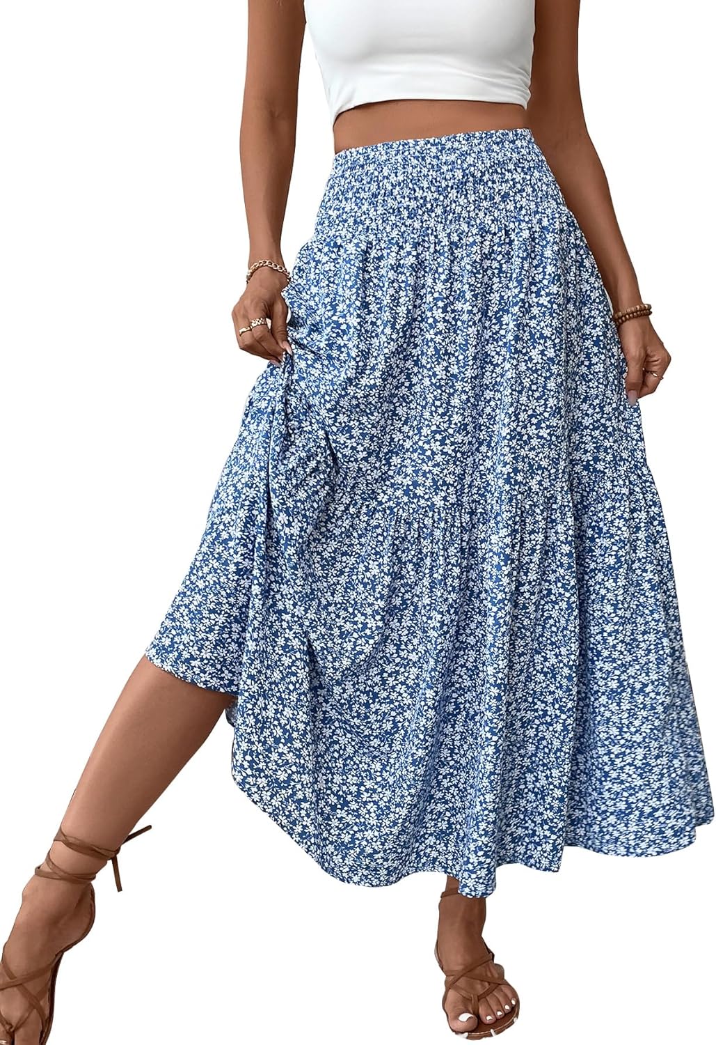 Women's Smocked High Waist Maxi Skirt with Pockets for Style