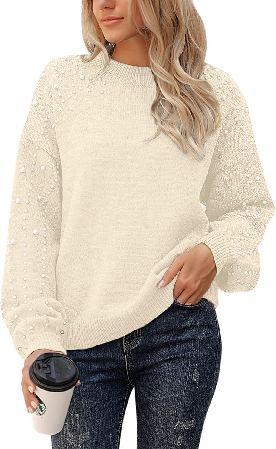 Chunky Sweater Crewneck Pullover with Lantern Sleeves and Pearls