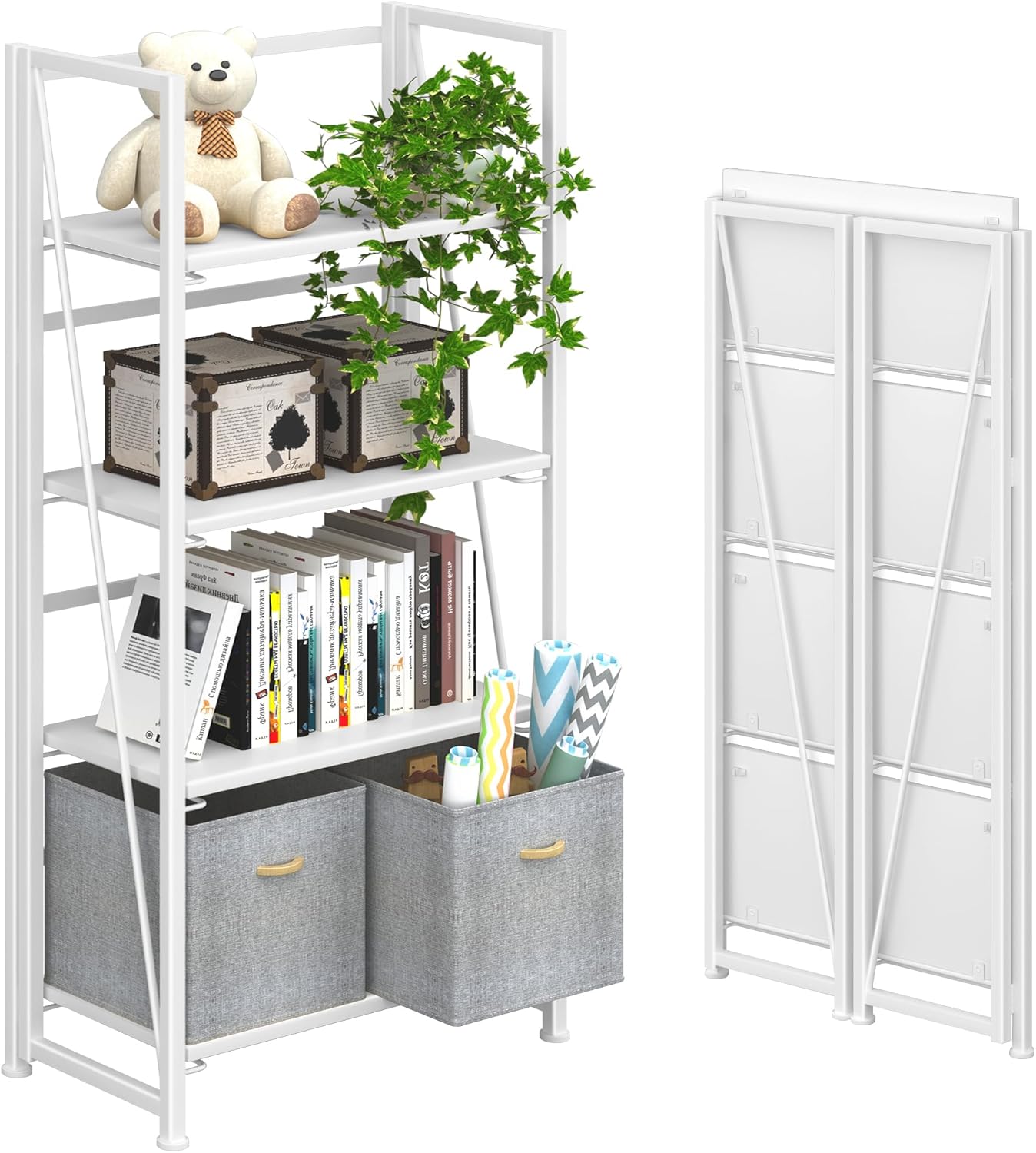 4NM No Assembly Folding Bookshelf for Vintage Home Office Use