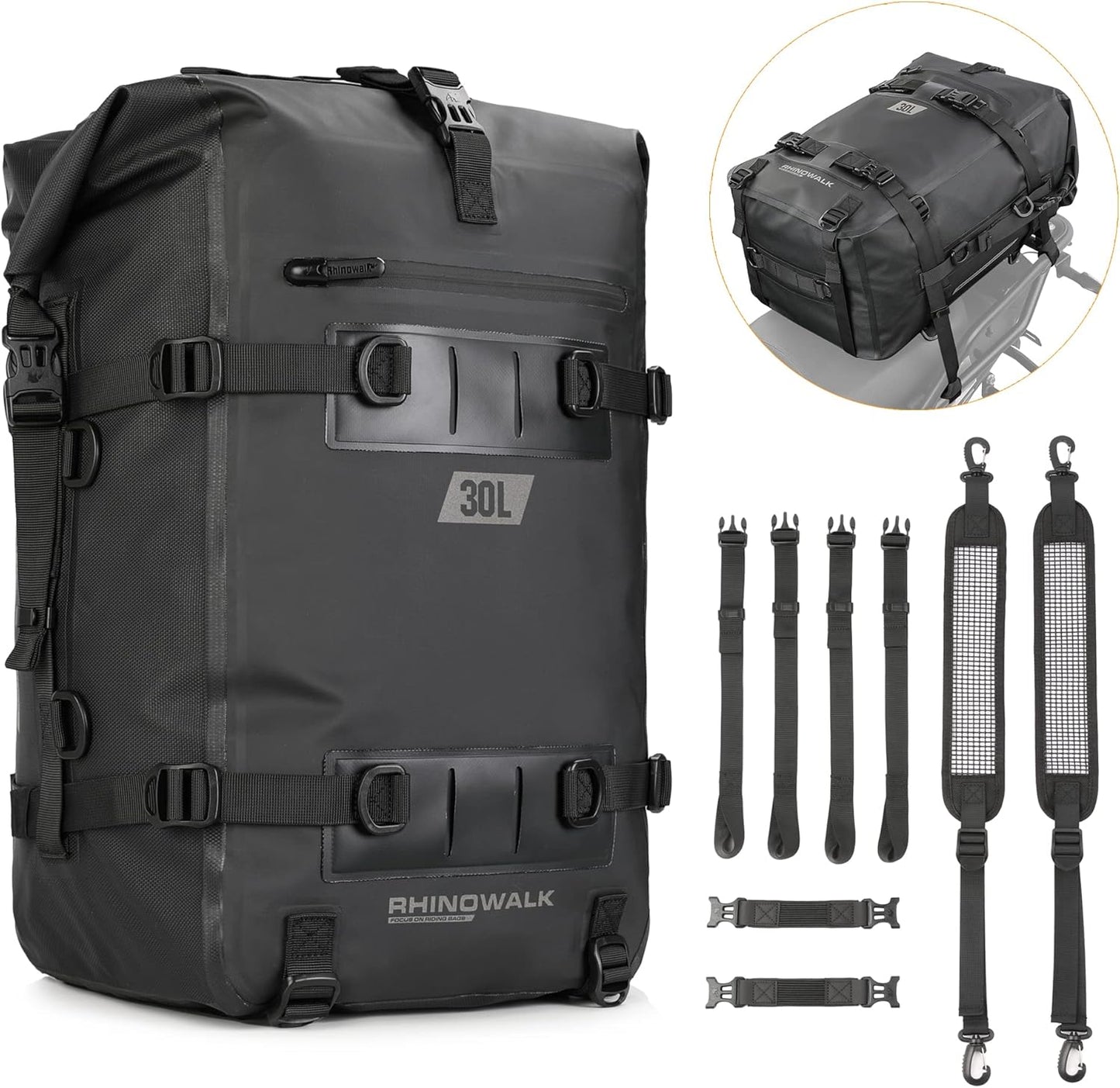 Rhinowalk Motorcycle Tail Bag - Waterproof Rear Carrier 30L