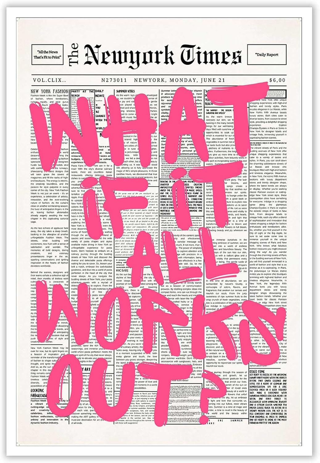 Drimiler Retro Newspaper Pink Font Poster for Home Decor