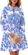 BTFBM Women Floral V Neck Long Sleeve Tiered Ruffle Mini Dress - Boho