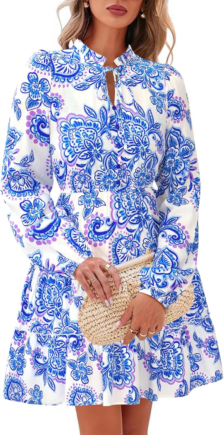 BTFBM Women Fall Dresses 2025 Floral V Neck Long Sleeve Mini