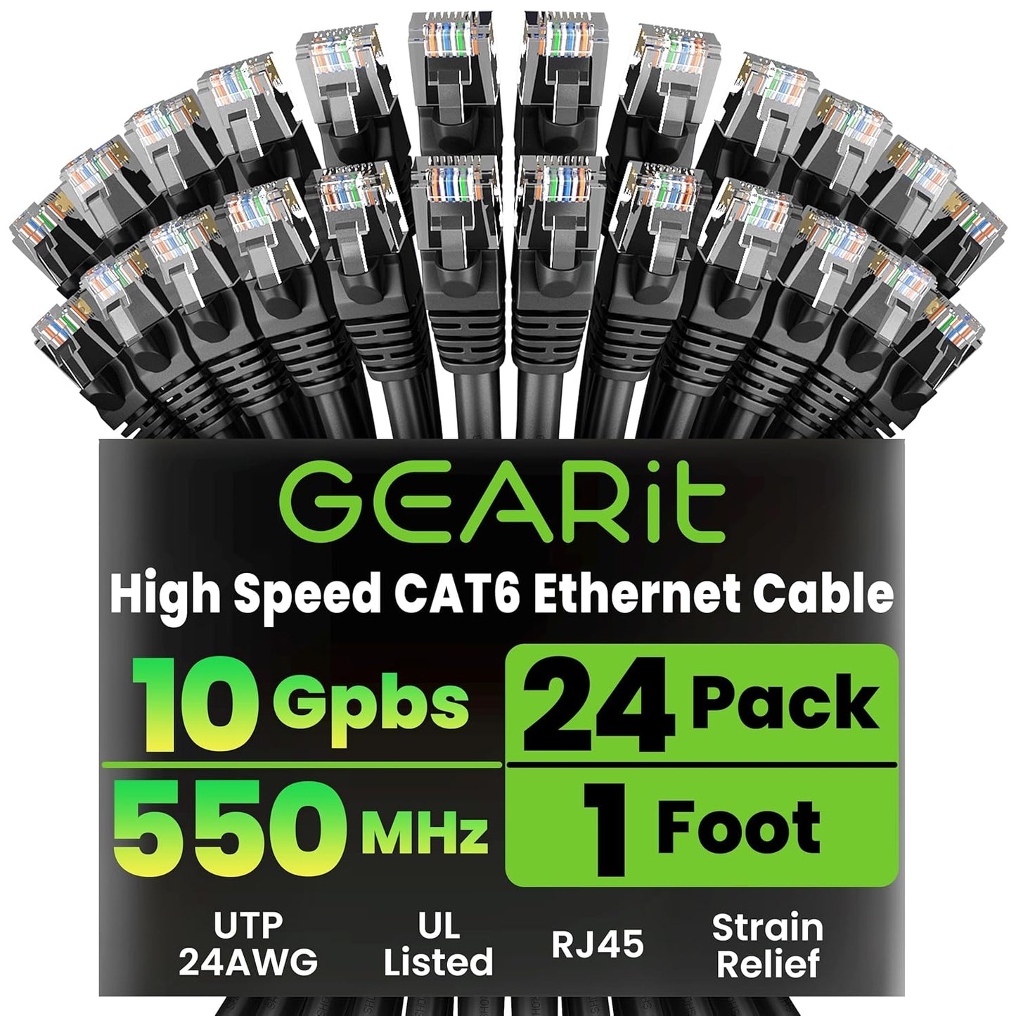 GEARit Cat 6 Ethernet Cable Pack - 24-Pack 1 ft Snagless Cables