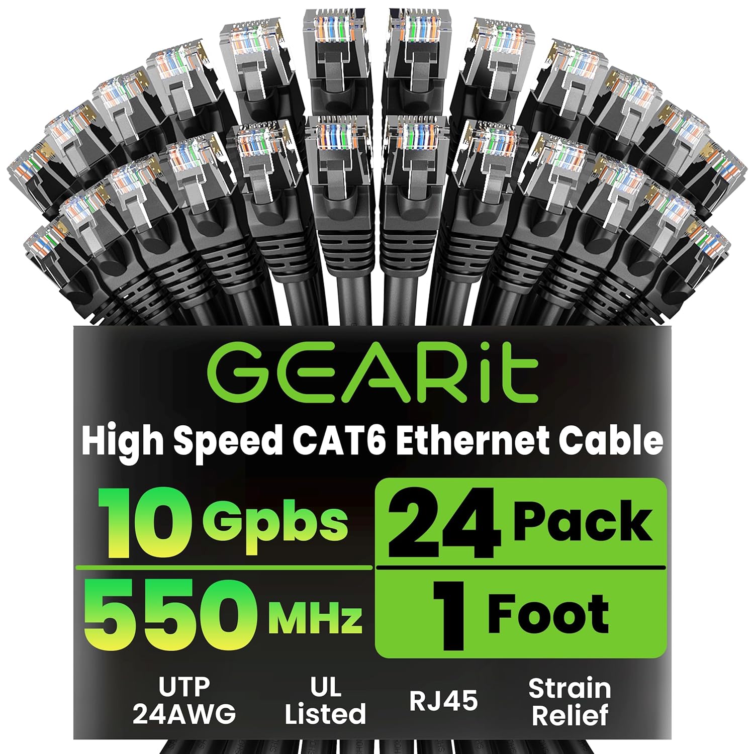 GEARit Cat 6 Ethernet Cable Pack - 24-Pack 1 ft Snagless Cables