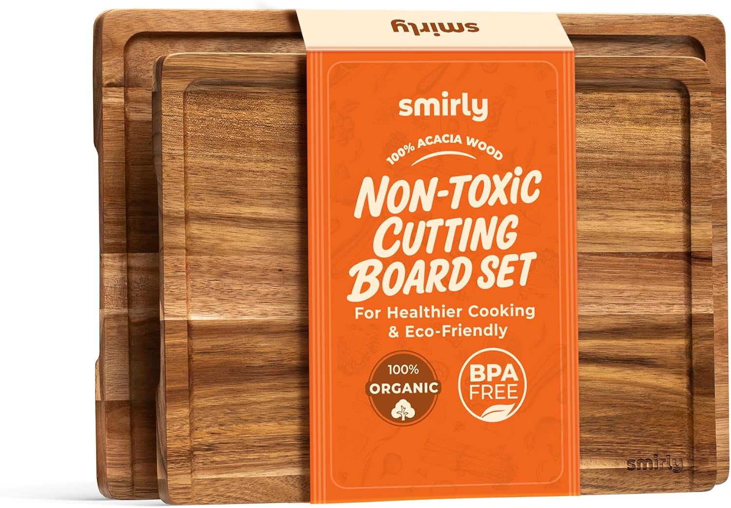 SMIRLY Bamboo Cutting Board Set for Kitchen - 2 Pack Acacia Wood