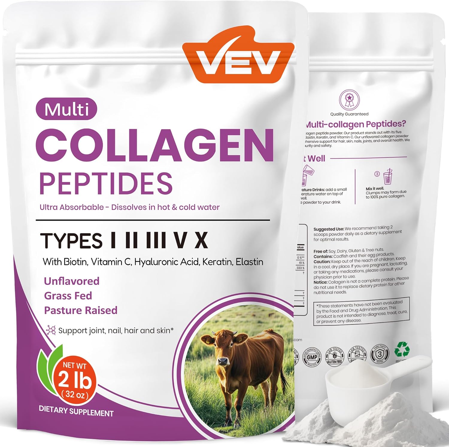 VEV Multi Collagen Peptides Powder for Skin, Joints, Hair