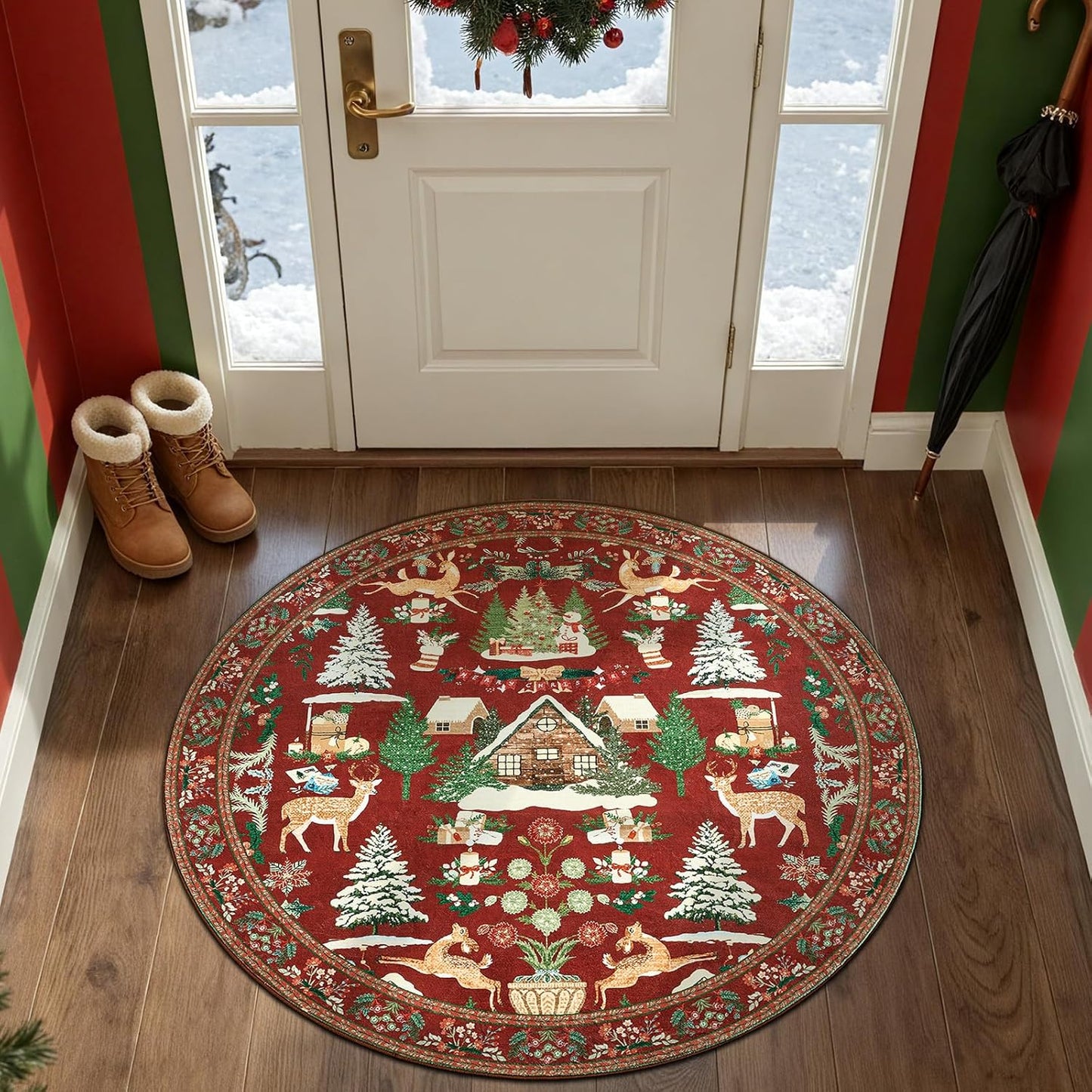 Round Christmas Rug for Entryway Bedroom - Maroon Circle Decor