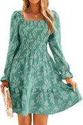 Women's Square Neck Fall Long Sleeve Mini Dress - Smocked Boho