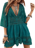 Contrast Lace V-Neck Beach Cover Up - Flowy Swim Dress