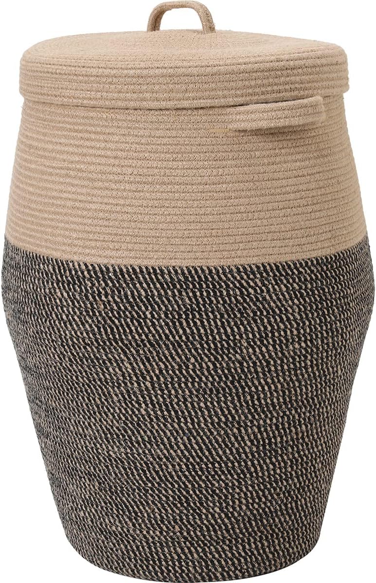 Handcrafted Tall Cotton Rope Basket with Lid for Stylish Storage