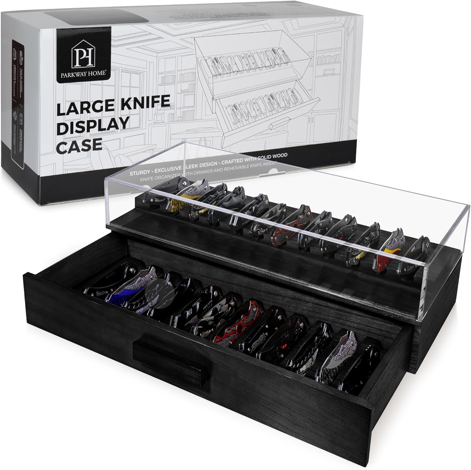 Large Black Pocket Knife Display Case for 24 Knives Storage