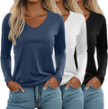 Ficerd 3 Pack Women's Long Sleeve V Neck Basic Tops - Soft Loose Fit