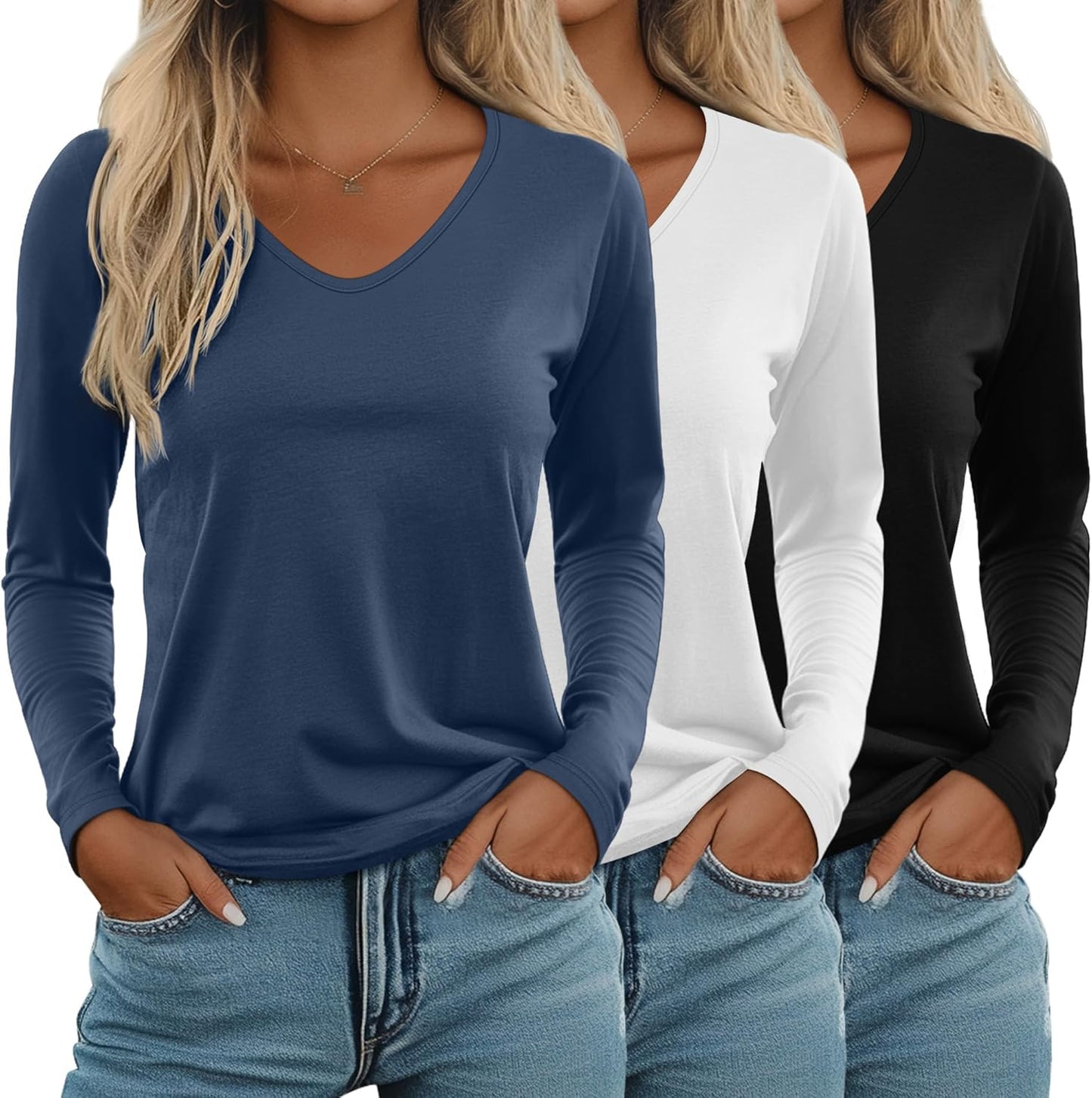Ficerd Women's Long Sleeve V Neck T Shirts 3 Pack for Fall Style