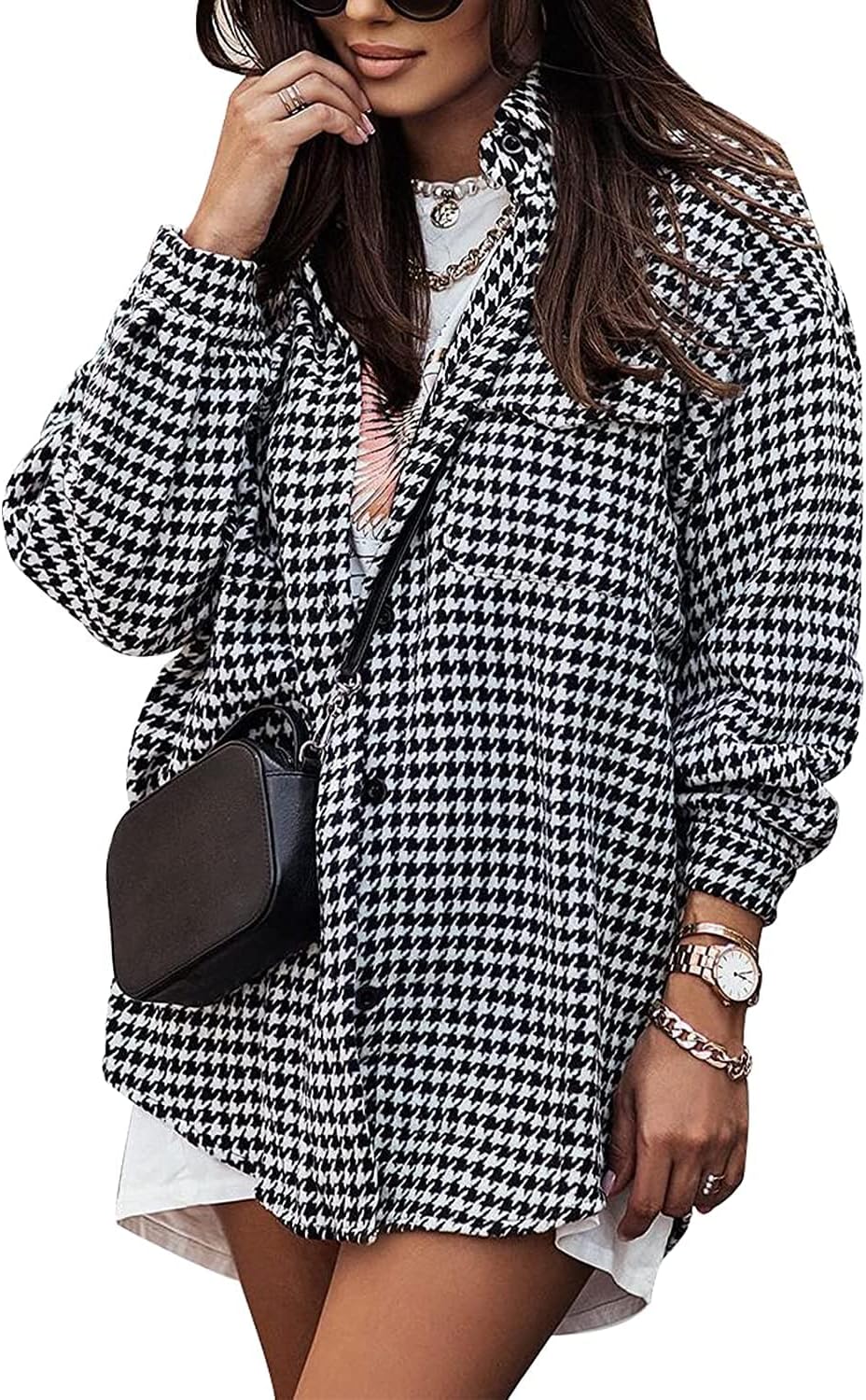 Yimoon Plaid Jacket Women Casual Houndstooth Flannel Shacket