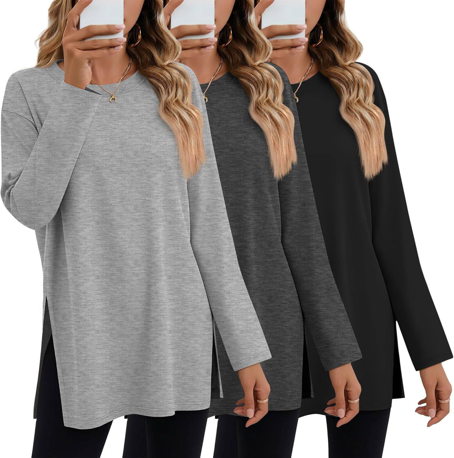 Huukeay Oversized Long Sleeve Shirts for Women - 3 Pack Set