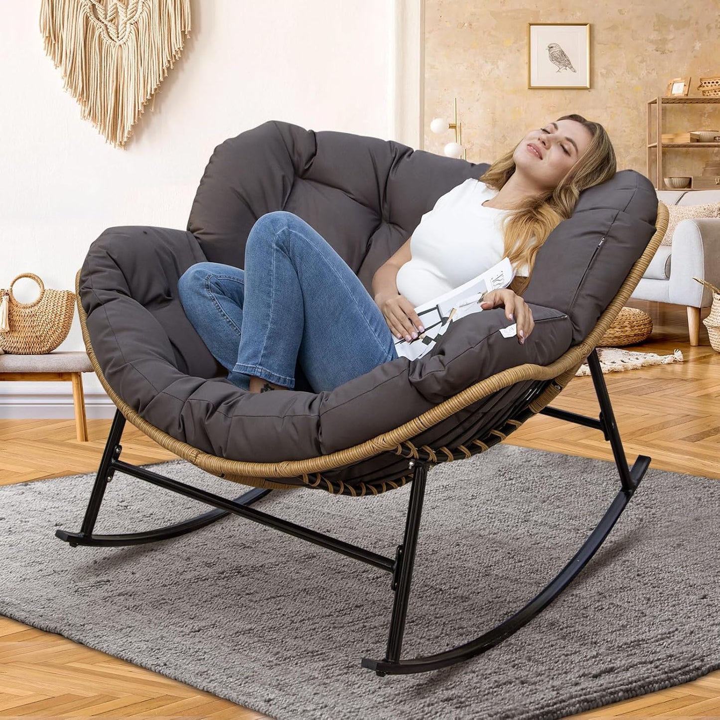 NICESOUL Outdoor Papasan Rocking Chair for Cozy Relaxation