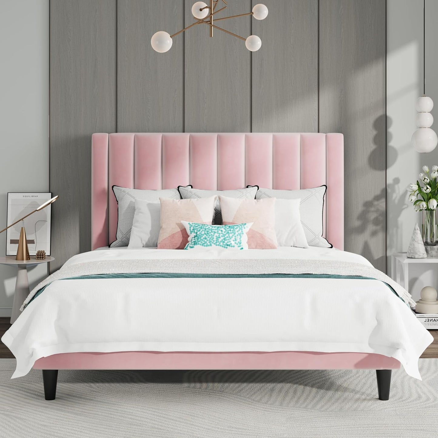 SHA CERLIN Velvet Upholstered Queen Bed Frame with Headboard