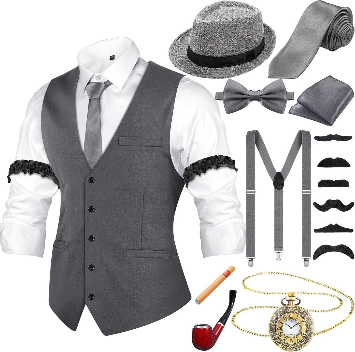 1920s Men Costume Accessories Set with Vintage Vest and Hat